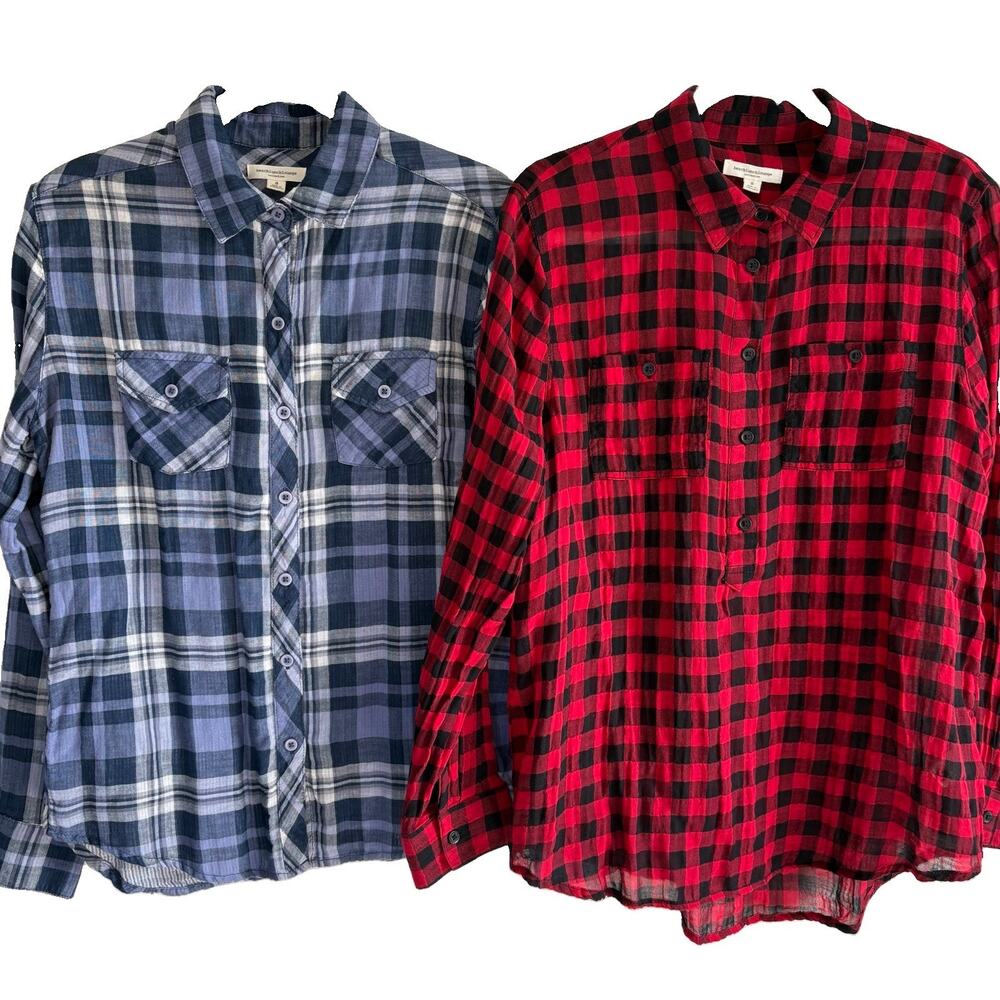 Set of 2 Beach Lunch Lounge Long Sleeve Plaid Button Up Shirts Size Small Cotton